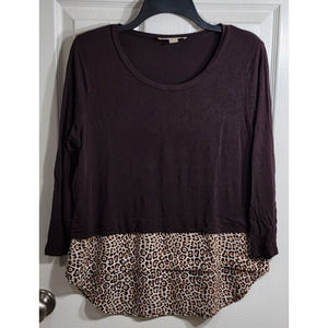 Michael Kors Womens Long Sleeve Pullover Top Brown with Leopard Print Size M‎